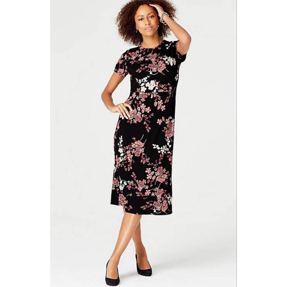 J.Jill Wearever Floral Dress | Small | Black Pink Stretch Sheath